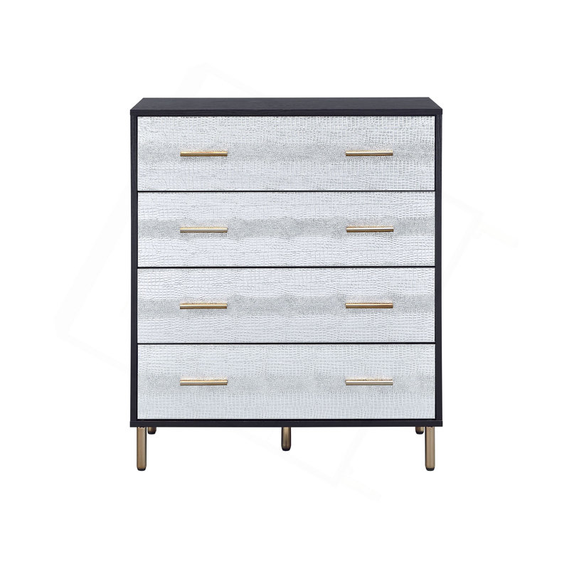 Commode Glam, coffre texturé argenté avec poignées dorées