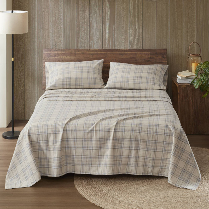 Ensemble de draps 100% coton imprimé flanelle, Beige, Ensemble de draps pour grand lit
