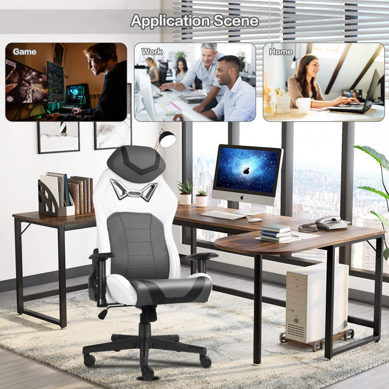 Inbox Zero Adjustable Ergonomic Swiveling PC & Racing Game Chair, Gray/White