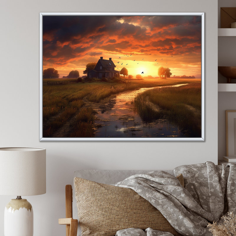 «Glorious Sunset Over Waterway In The Fields», reproduction sur toile, Cadre flottant blanc, H 24 po x l 32 po x P 1 po