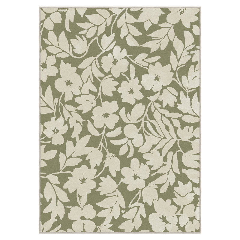 Vilve Floral Machine Washable Beige/Sage Green Indoor Area Rug With Non-Slip Backing, Rectangle 8' x 10'