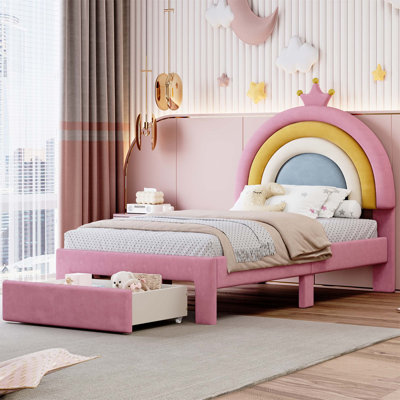 Lit tapissier à motif arc-en-ciel, lit plateforme en velours avec tiroir de rangement, aucun sommier nécessaire, coloré et fonctionnel (matelas non inclus)