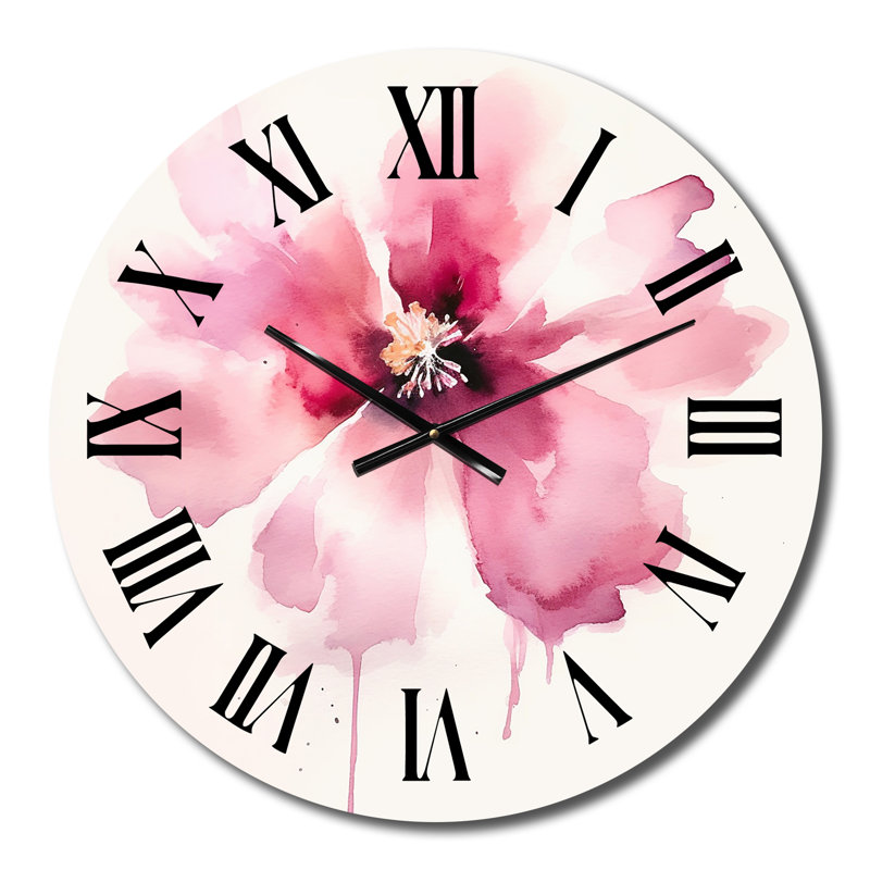 Horloge murale délicate fleur d'hibiscus rose en métal II, Moyenne