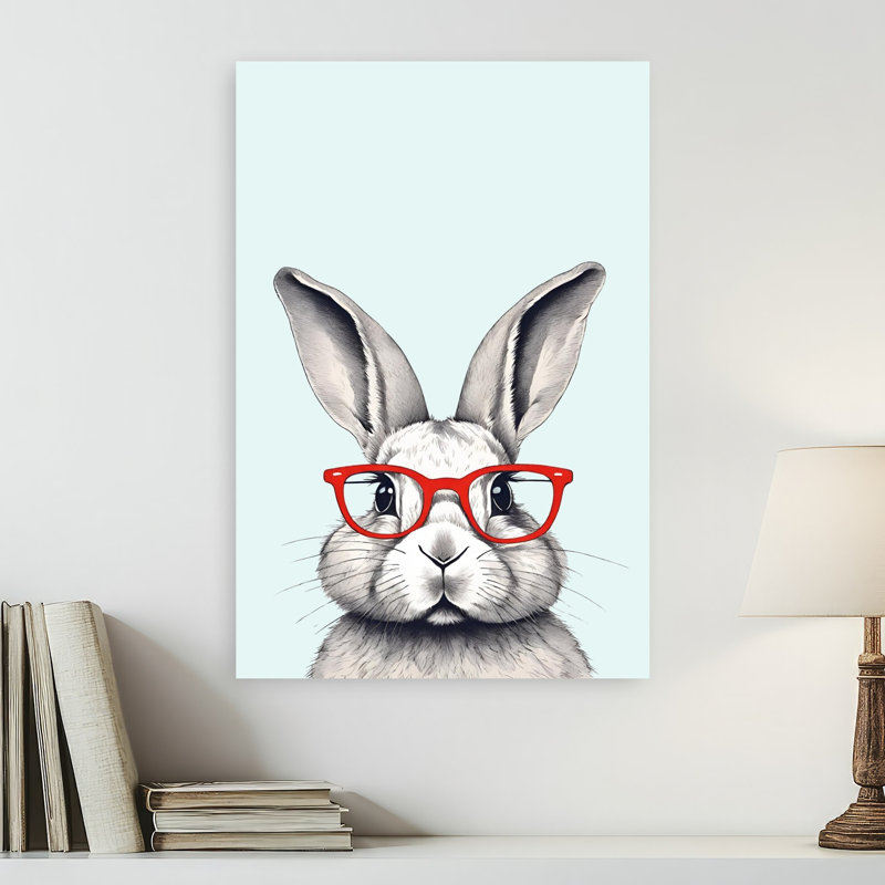 «Smart Bunny», lunettes rouges, fantaisiste, portrait de lapin contemporain, forêt, impression murale, 24" H x 16" W