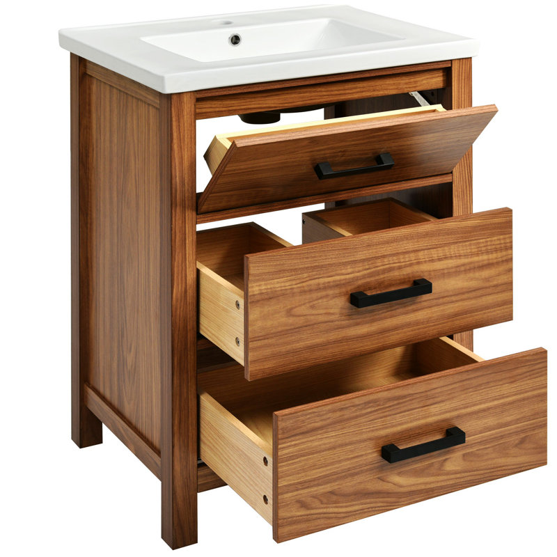 Meuble-lavabo de salle de bain avec 3 tiroirs et lavabo en céramique - Armoire autoportante moderne, tiroir basculant