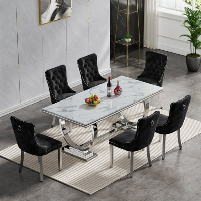 Luxury 68" Dining Table Set for, White Faux Marble Dining Table with Velvet Dining Chairs, Modern Kitchen Table and Chairs Set, Luxury Dining Table Set for Kitchen Dining