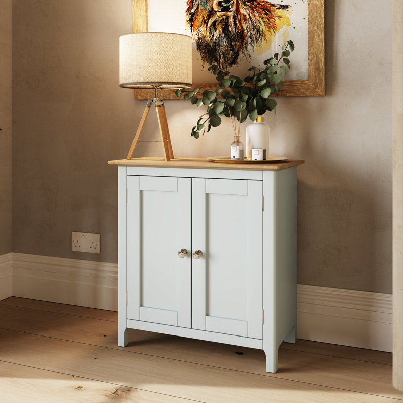 Daris 2 Door Compact Sideboard Buffet Storage Cabinet. 65cm Wide. Solid Oak Top. Polished Chrome Handles. Fully Assembled.