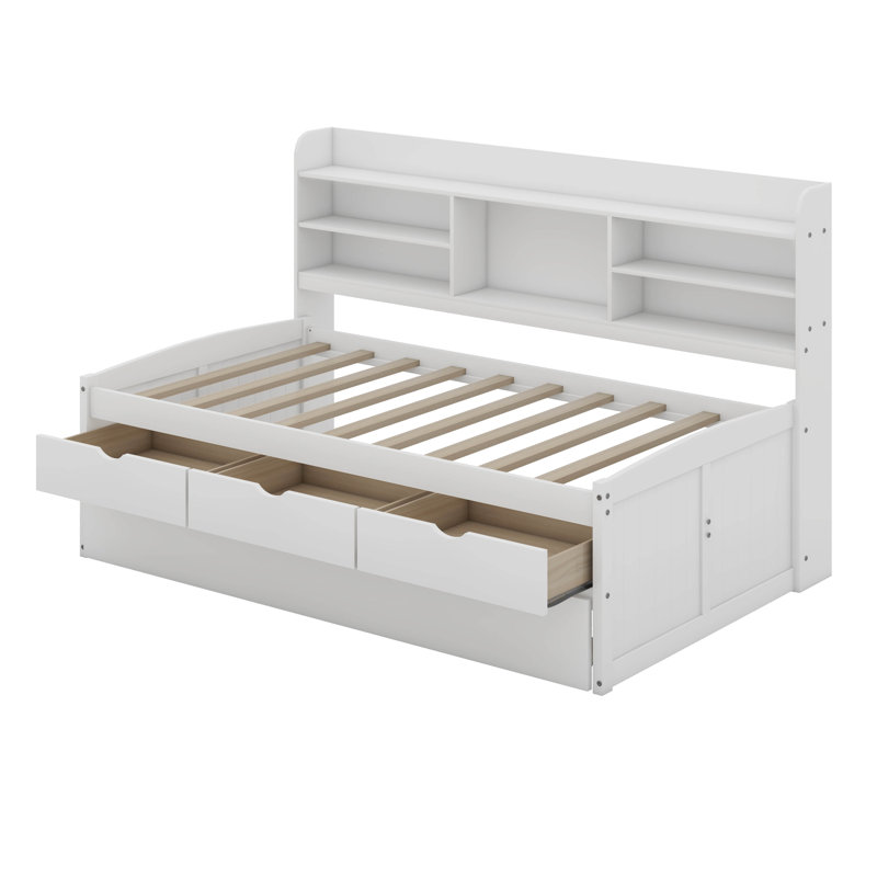 Lit capitaine simple en bois avec bibliothèque intégrée, trois tiroirs de rangement et lit gigogne, Blanc délavé
