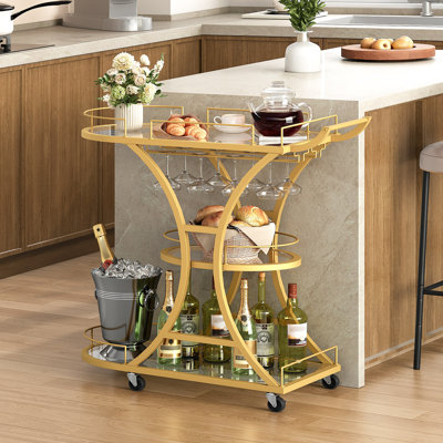 3-tier Glass Shelves Serving Cart, Metal Rolling Kitchen Cart With Stemware Rack, Locking Casters