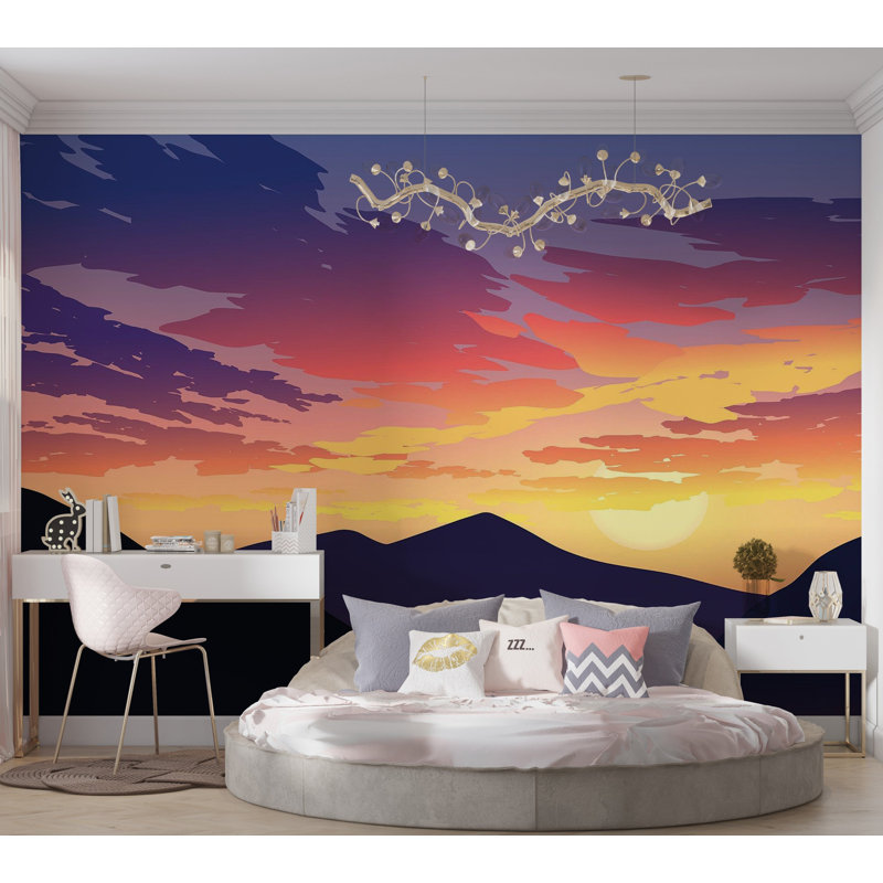 Murale pelez et collez de qualité supérieure - Silhouette de montagne au coucher du soleil, L 60 po x L 40 po