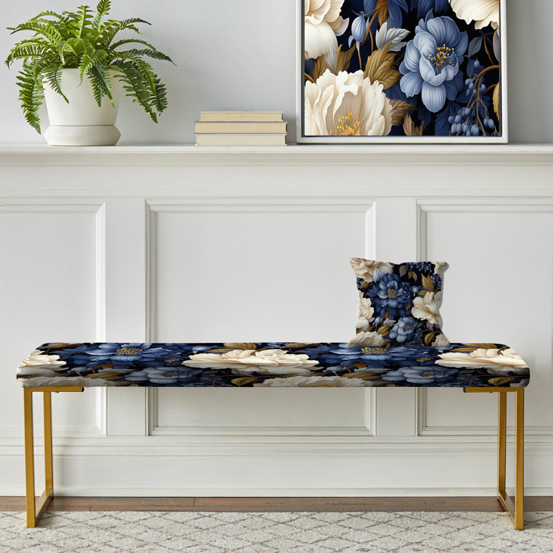 Banc rembourré or, Motif victorien cobalt feuillage