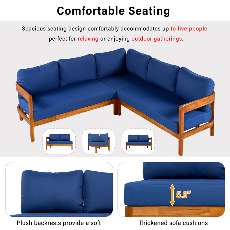 79.1" Acacia Solid Wood L-Shaped Patio Sofa, Outdoor Sectional With Thick Cushions, Blue
