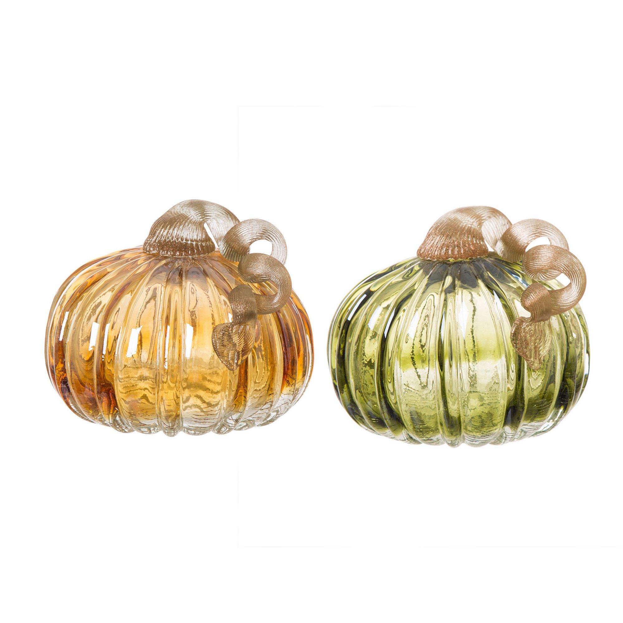 2 Piece Crackle Glass Pumpkin Set, Green/Amber, 4.72" H x 5.91" W x 5.91" D