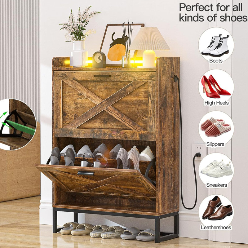 2 Drawer Industrial Shoe Cabinet,Open Storage Shelf,Rustic Brown