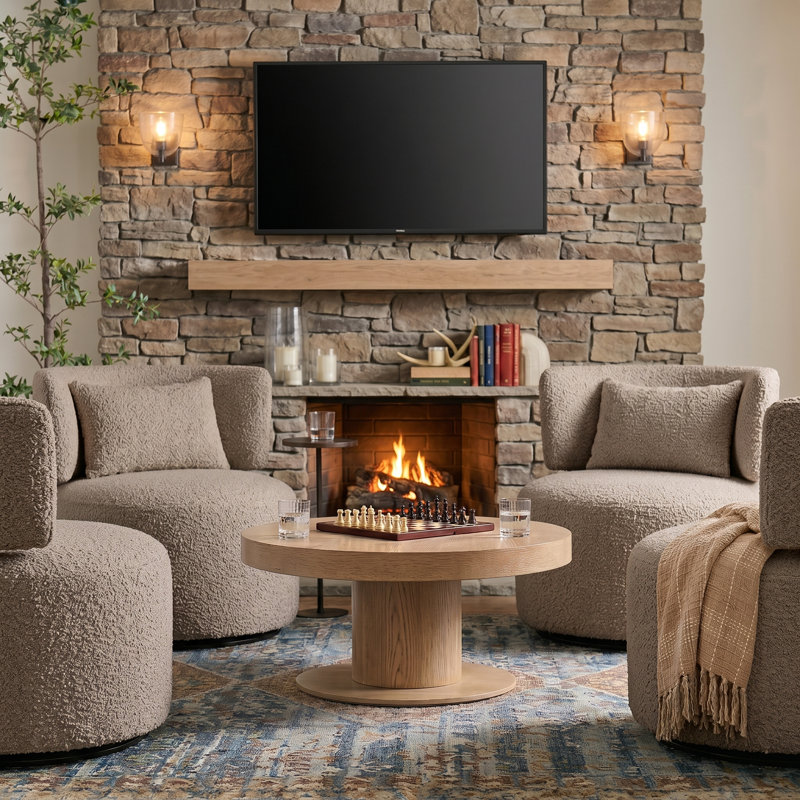 Fauteuil d'appoint pivotant avec coussin décoratif Narissa, Bouclé galet