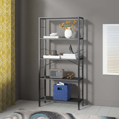 Hallum 64" H x 30" W 5 Tier Modern Rustic Bookcase, Steel Etagere Bookshelf, Storage Rack for Home Office, Living Room, Kitchen, Black