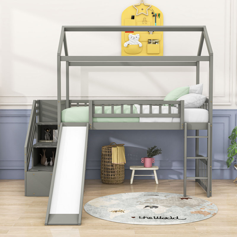 Lit mezzanine simple avec glissade, marches de rangement et échelle, Gris
