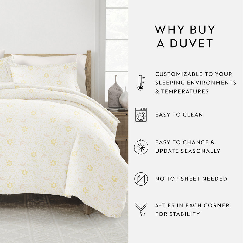 White Floral Microfiber Queen Duvet Cover Set with Shams