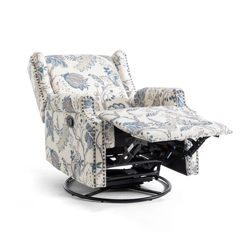 Upholstered Classic Wing Back Manual Handle Swivel Rock Glider Recliner with Naihead Trims, Plants Blue