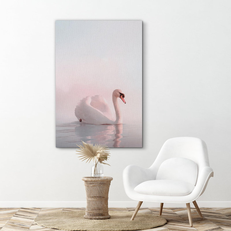Oiseau, animaux, cygne élégant sur l'eau, coucher de soleil rose sur toile, H 48 po x l 32 po