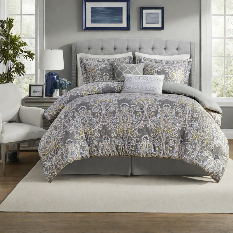 Ensemble de literie en satin de coton élégant, motif damassé gris, grand lit pour le confort de la maison