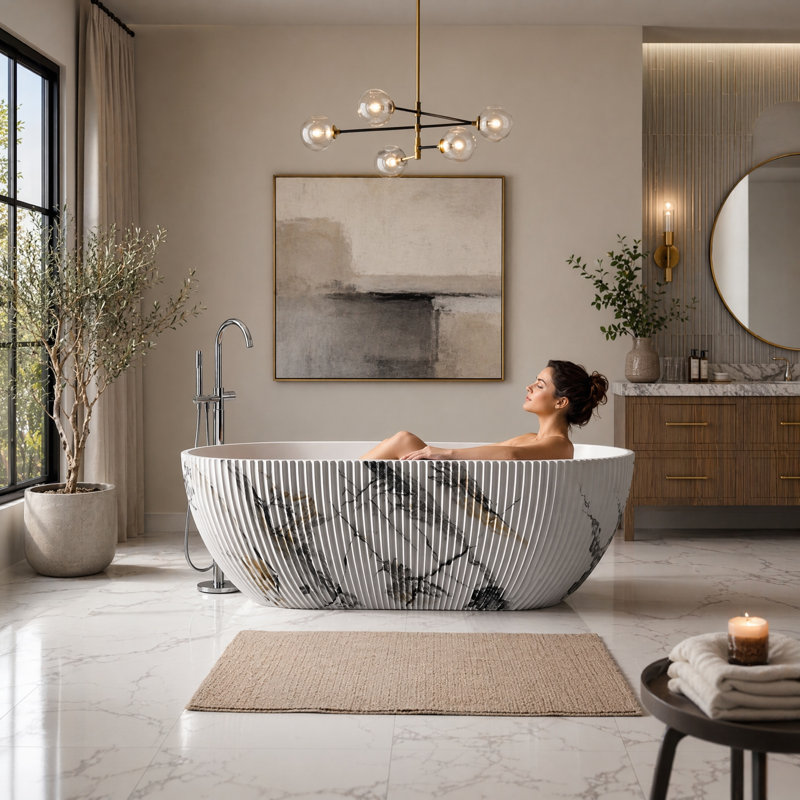 67" Freestanding Fluted Solid Surface Bathtub with Ink Marble Finish, Ergonomic Soaking Tub with Vertical Groove Design