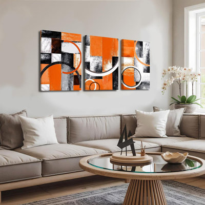 Orange Geometric Wall Art Set Of 3, 12X16 Inch Abstract Canvas Prints Modern Minimalist Art Orange Black And White Framed Posters Wall Decor For Living Room Bedroom Office