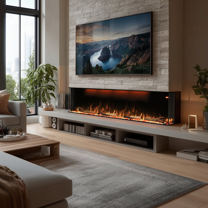 3 Sided Recessed and Wall-mounted Electric Fireplace Insert, 5 Flame Speeds, 13 Fuel Bed & Flame Colour Options,authentic Log Burning Sound, 9h Timer