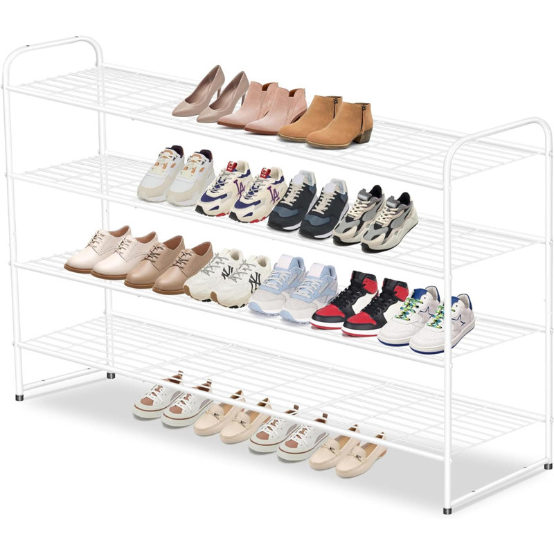 Long 4 Tier Shoe Rack For Closet Metal Wide Shoe Organizer For Entryway, Bedroom, Floor, Holds 30 Pairs Men Sneakers Stackable Shoe Storage Shelf With Wire Grid