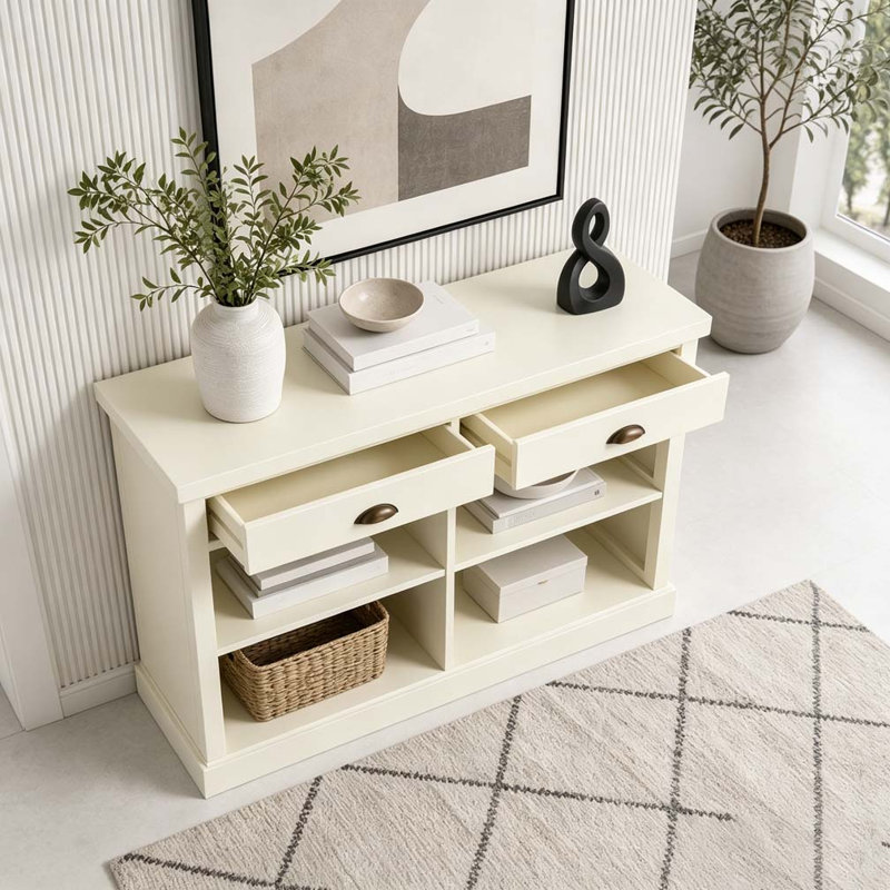 Console avec 2 tiroirs et tablettes de rangement ouvertes, table d'entrée, White