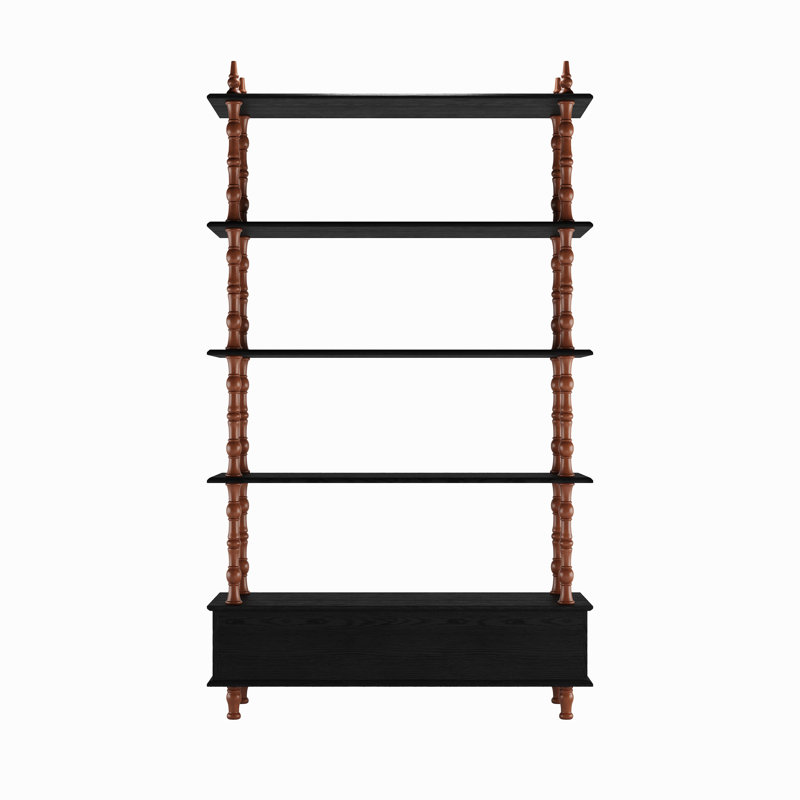 Bookcase Shelf Wood Book Shelf 74.4 Inch Tall,5 Tier Black Shelving Units And Storage Drawers, Modern Solid Wood Veneered Free Standing Shelves, Living Room, Study Room, Kitchen