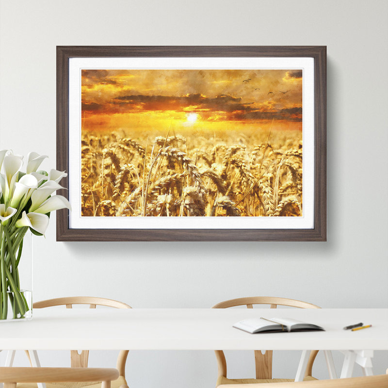 Wheat Field at Sunset Painting - Picture Frame Graphic Art, 27cm H x 36cm W x 2cm D, Walnut