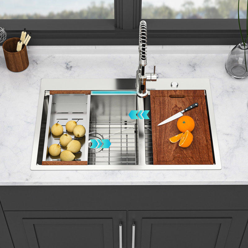 16 Gauge T304 Stainless Steel Double Bowl  60/40  Topmount Drop - In Kitchen Sink 33"x22"x10", Brushed Nickel Finish, X Shaped Water Flow Design, R10 Rounded Corner, Condensation Coating, 3mm Pad,