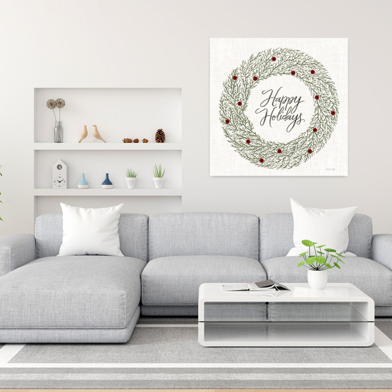 Joyeuses fêtes, couronne de broderie, pin, art contemporain d'hiver, H 36 po x l 36 po