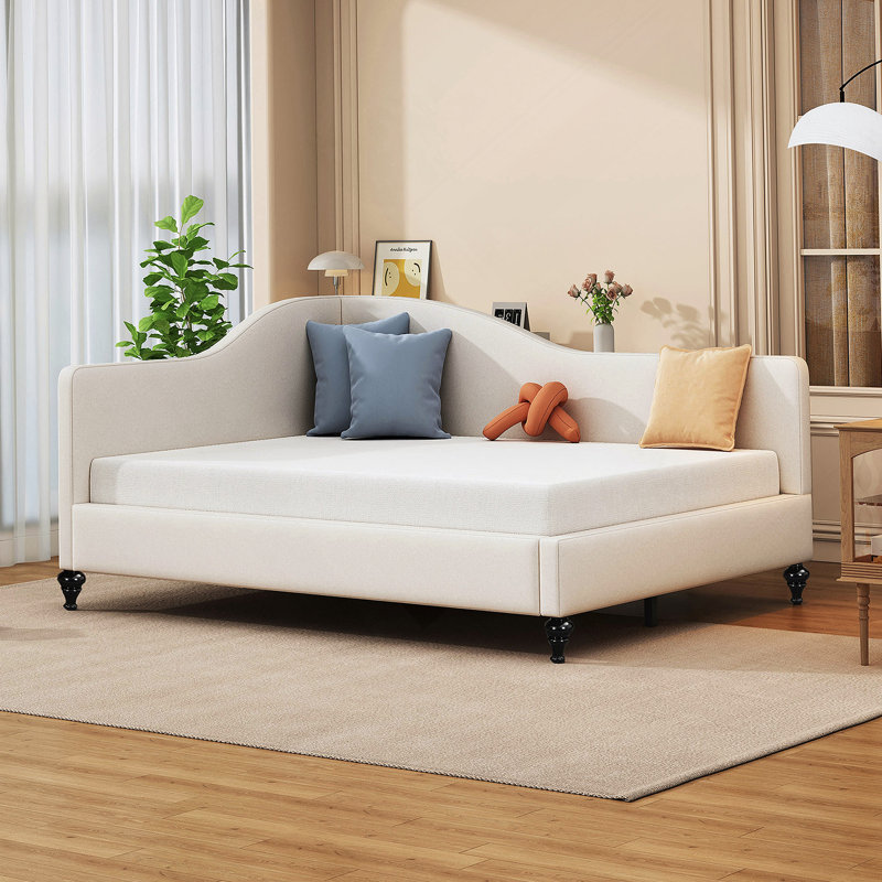 Lit de jour en L avec pieds en bois massif, Beige, Complet/Double