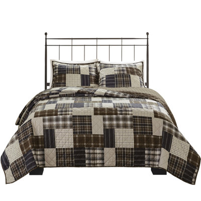 Black/Brown Reversible Quilt - Full/Queen Size, Microfiber Back, Zipper Shams 3 Piece Bedding Reversible, Microfiber, Plaid Reverse, Lodge Style Decor
