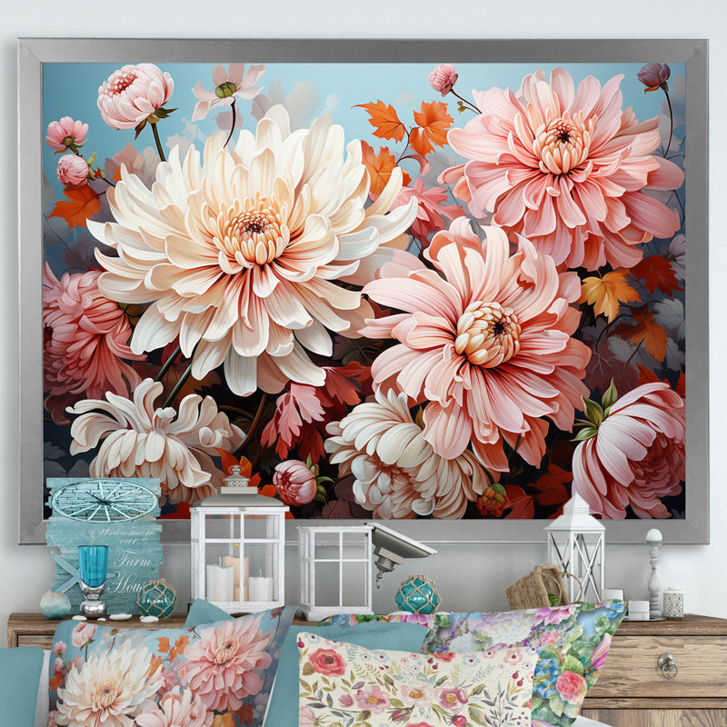 Chrysanthèmes - collage rose et blanc - impression, Cadre simple argenté, H 30 po x l 40 po x P 1,5 po