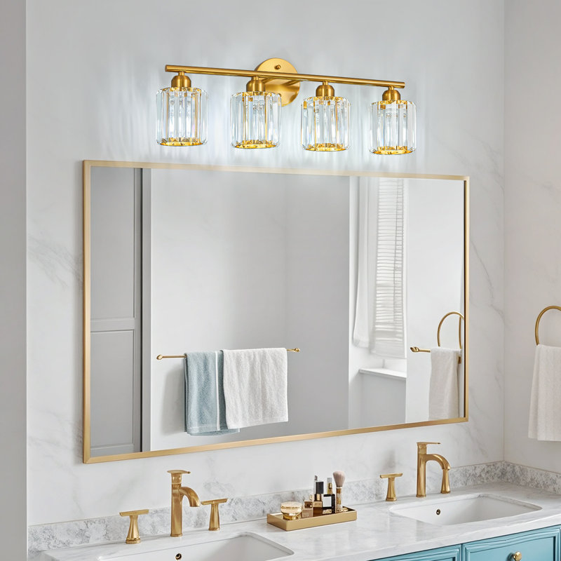 Luminaire de salle de bain vertical en cristal brossé à 4 lumières Kyneisha, Or brossé, Quatre lumières