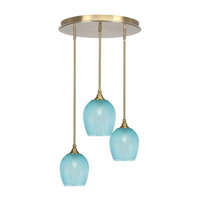Luminaire suspendu suspendu à 3 lumières Colaine Empire avec verre texturé turquoise 7,5 po