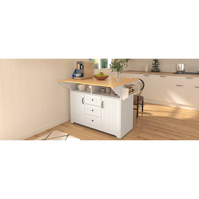 K&K 55.7'' Large Kitchen Island With 2 Drop Leaf,, Rolling Kitchen Cart On 5 Wheels With Power Outlet, Folding Storage Dining Table With Spice & Towel Rack , 3 Drawers, For Kitchen, Dining Room,White