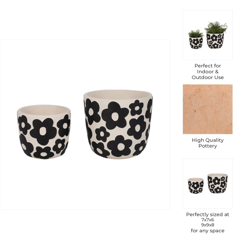 Sagebrook Home 2-Pieces Flower Power Planters, Light Green, Black/White