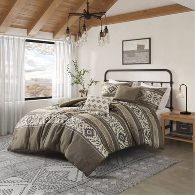 5 Piece Stripe Herringbone Comforter Set with Throw Pillows Brown Full/Queen