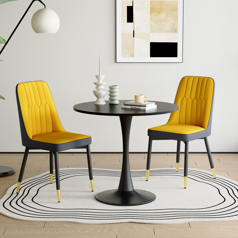 Ensemble de salle à manger rond moderne 3 pièces, table à piédestal noir et chaises capitonnées, Brun / Orange