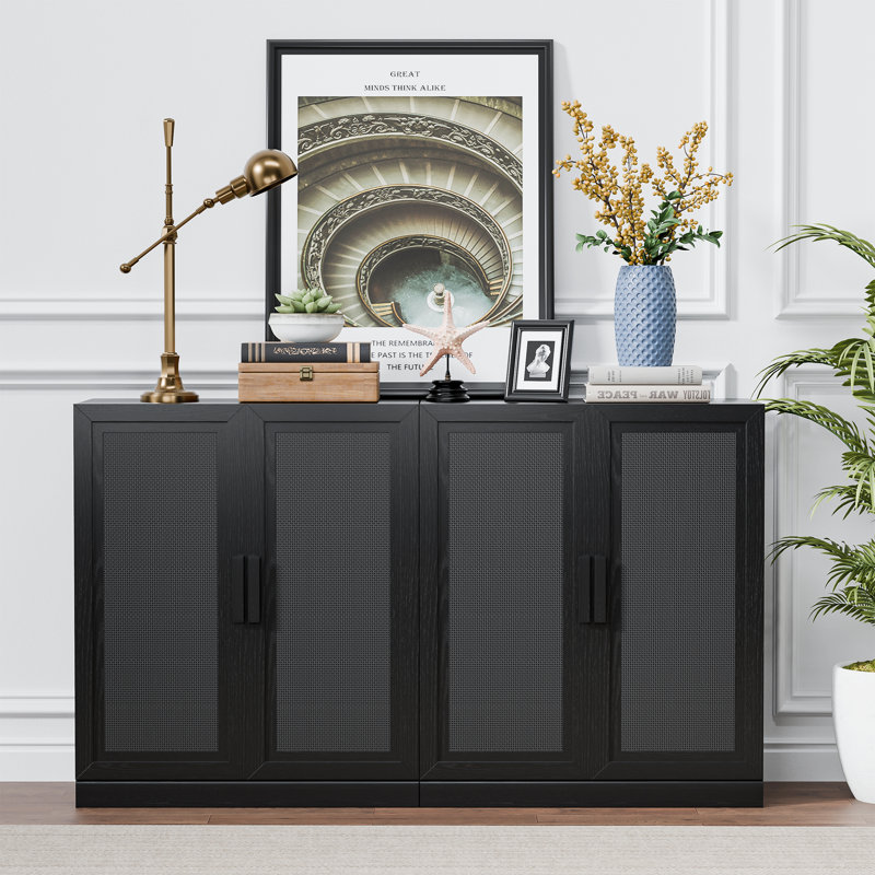 Caleb 62" Wide Solid Wood Sideboard  With 4 Rattan Doors, Black