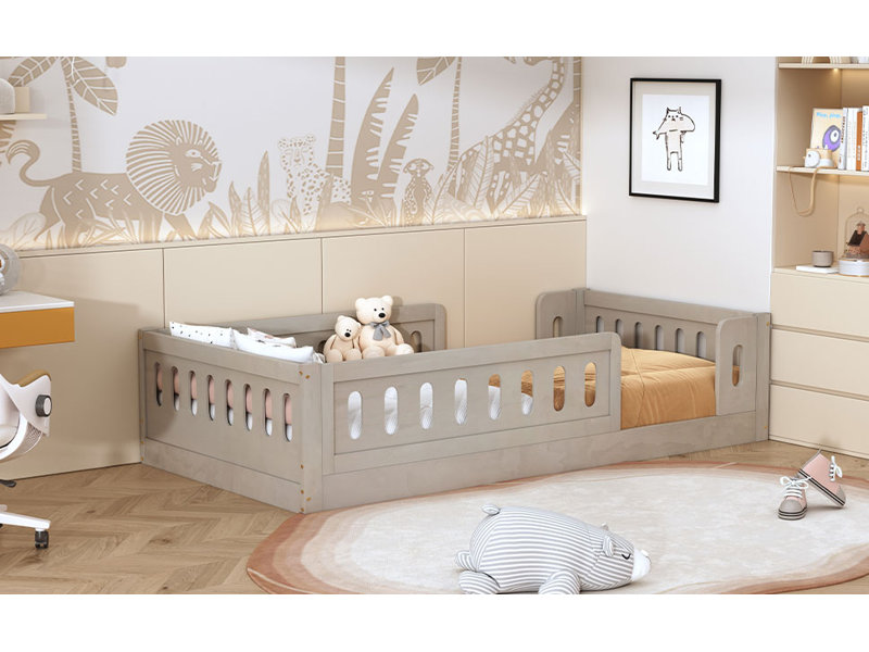 Lit plateforme simple en bois avec garde-corps naturel, Naturel