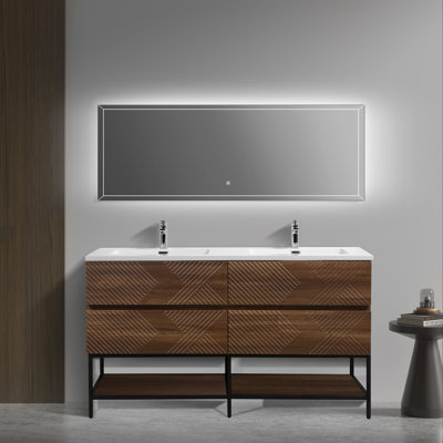 Abrem 60 po L x 19 po P 4 tiroirs Meuble-lavabo autoportant avec évier double et Comptoir en Polymarbre blanc