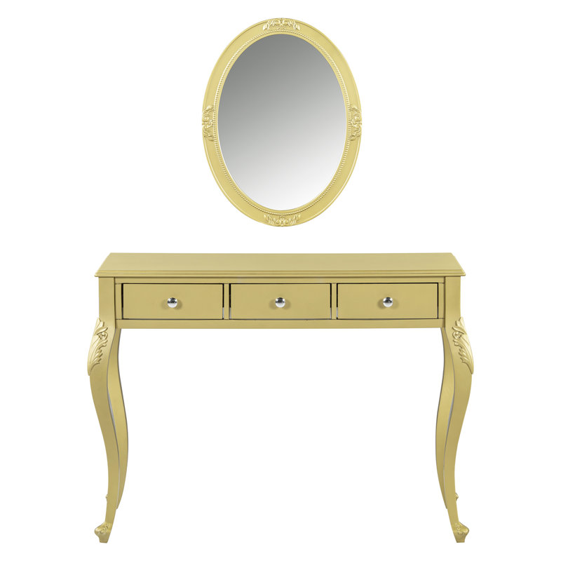 Luxury Makeup Vanity Desk With Oval Mirror, 3 Drawers And Intricate Carvings, Gold