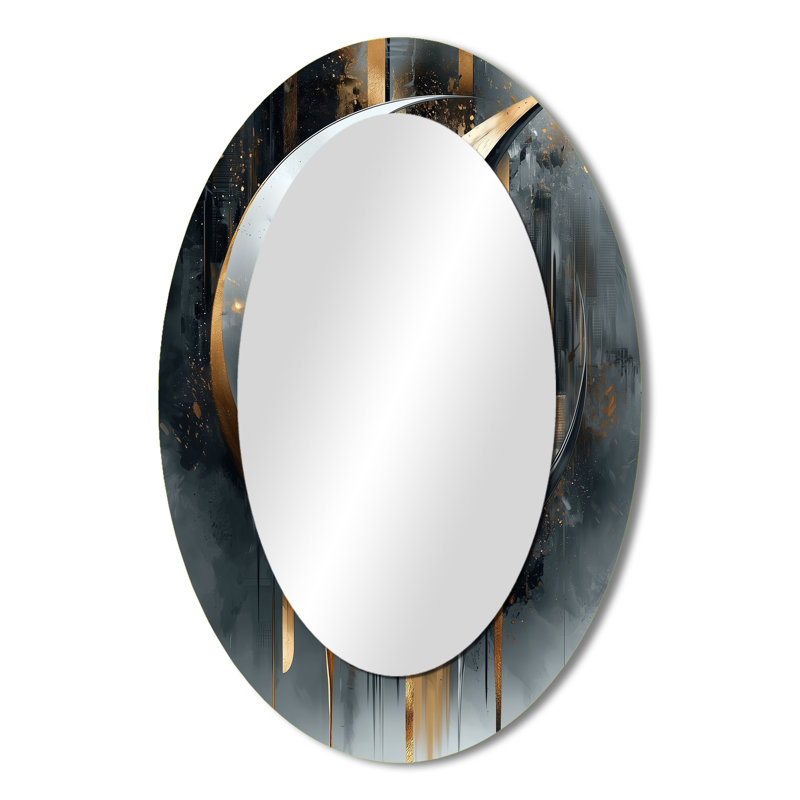Formes et lignes abstraites noires et dorées III - Grand miroir mural ovale sur métal, 36 po x 24 po