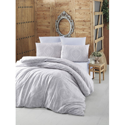 Luxury Ranforce King Quilt Cover Set, 100% Cotton, Grey & White | Duvet Cover 102.4 x 86.6 inches, 2 Pillowcases 19.7 x 35.4 inches | 145 Thread Count, Button Closure | Machine Washable, Soft & Breathable
