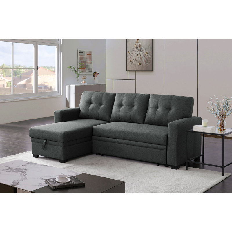 Upholstered Pull Out Sectional Sofa With Chaise, Gray Linen